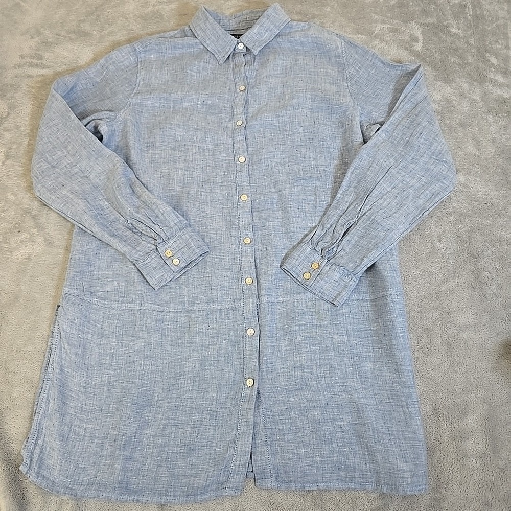 Tahari Shirt Womens Medium Blue 100% Linen Long Sleeve Button Down Long Legnth